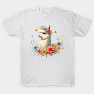 An alpaca decorated with beautiful colorful flowers. T-Shirt